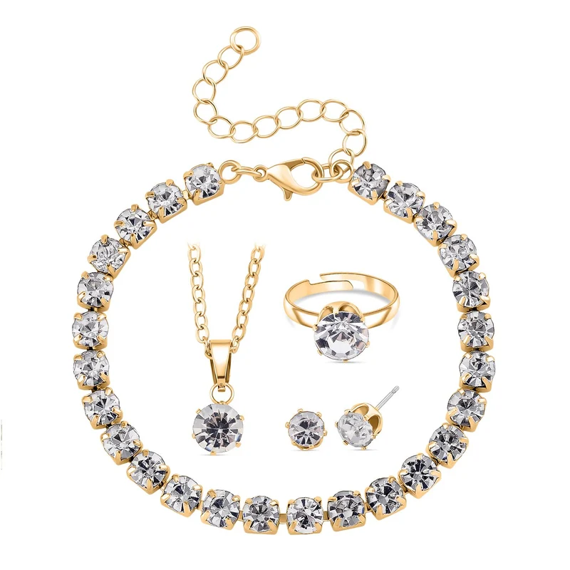4er Set - Weißer Kristall Schmuckset Nickelfreies Messing Silberfarben, Flexibles (Größe 17.00-18.00)