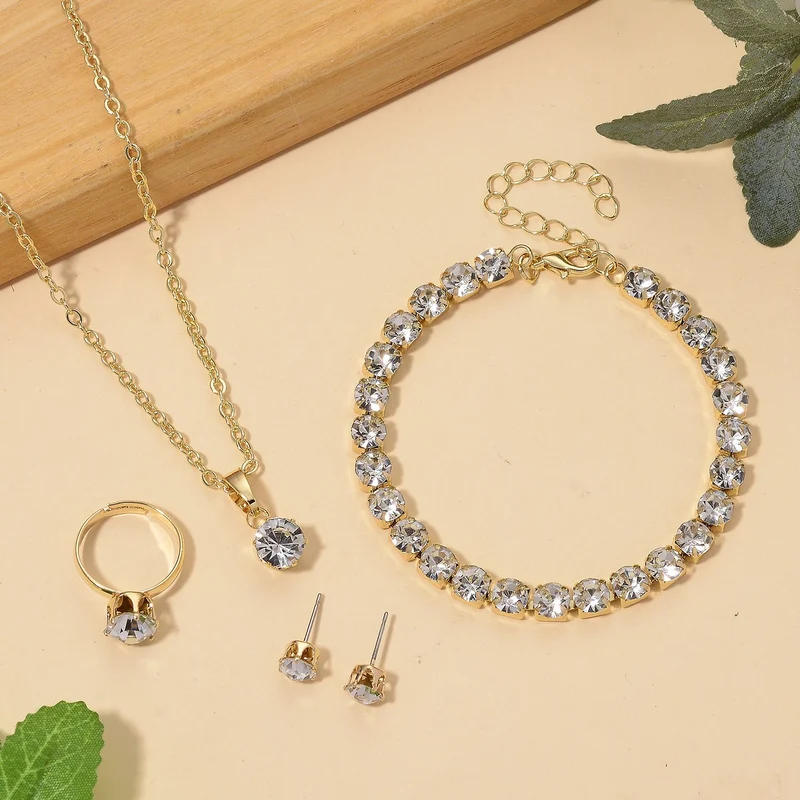 4er Set - Weißer Kristall Schmuckset Nickelfreies Messing Silberfarben, Flexibles (Größe 17.00-18.00)
