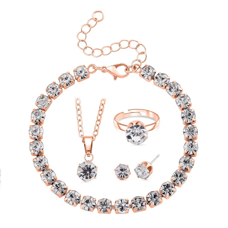 4er Set - Weißer Kristall Schmuckset Nickelfreies Messing Silberfarben, Flexibles (Größe 17.00-18.00)