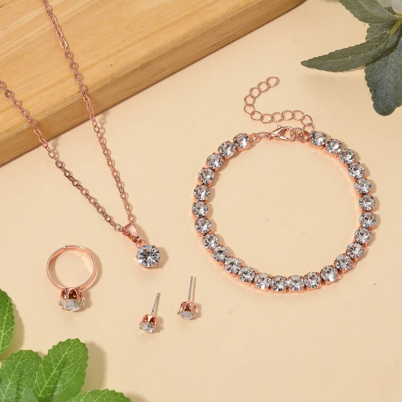 4er Set - Weißer Kristall Schmuckset Nickelfreies Messing Silberfarben, Flexibles (Größe 17.00-18.00)