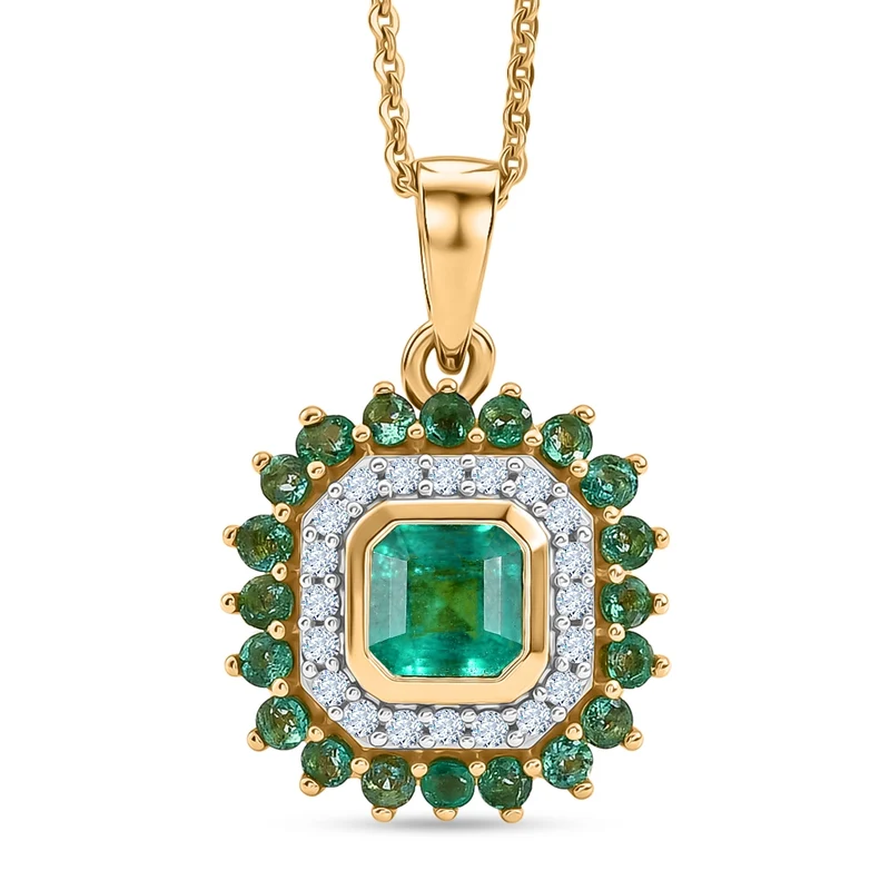 D'Joy AAA Kagem Sambischer Smaragd Schmuckset ca. 50 cm 925 Silber 750 Gelbgold vermeil ca. 1.29 ct
