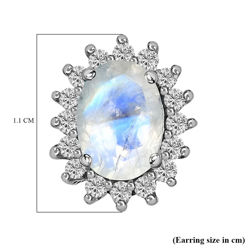 Regenbogen Mondstein, Weißer Zirkon Ohrringe 925 Silber Platiniert ca. 2.38 ct