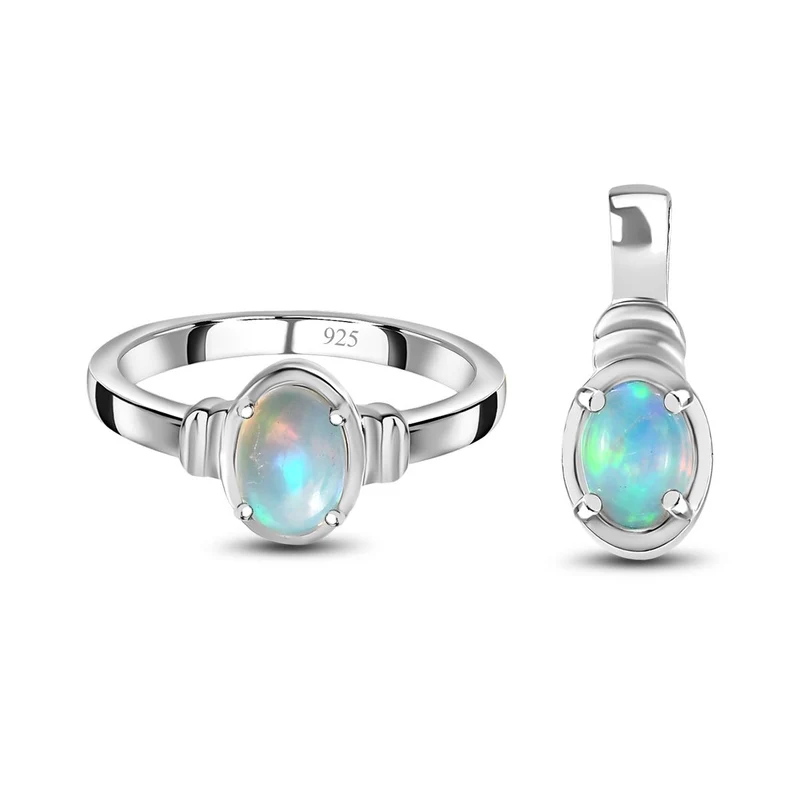 2er Set - AA Natürlicher, äthiopischer Welo Opal Ring und Anhänger Schmuckset, 925 Silber platiniert ca. 1.12 ct
