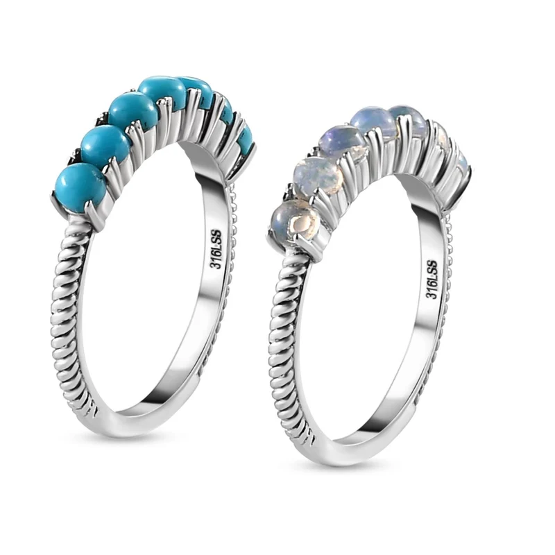2er Set - Sleeping Beauty Türkis und natürlicher, äthiopischer Opal Ring, Edelstahl, ca. 1,44 ct