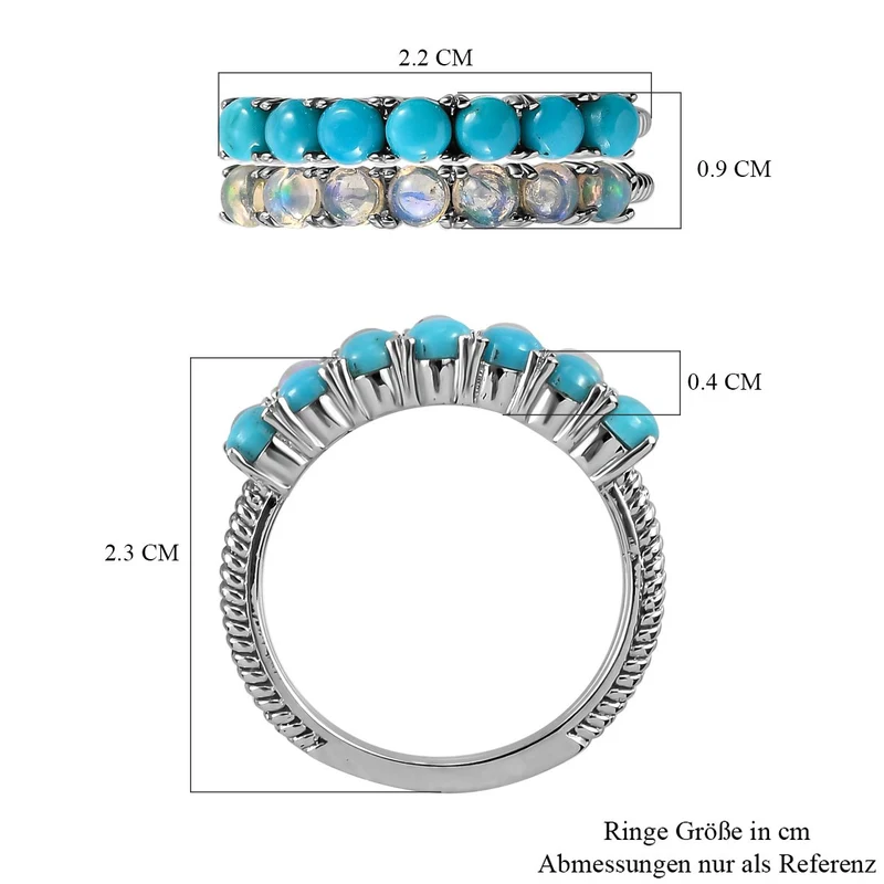 2er Set - Sleeping Beauty Türkis und natürlicher, äthiopischer Opal Ring, Edelstahl, ca. 1,44 ct