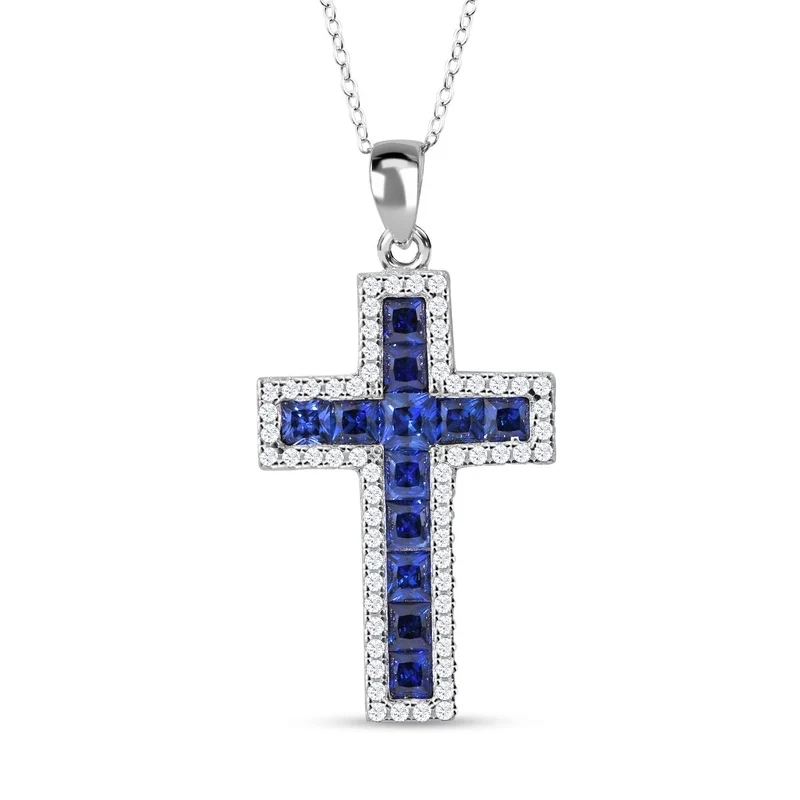 LUSTRO STELLA - Blauer Zirkonia Anhänger mit Kette, 925 Silber rhodiniert ca. 2.78 ct