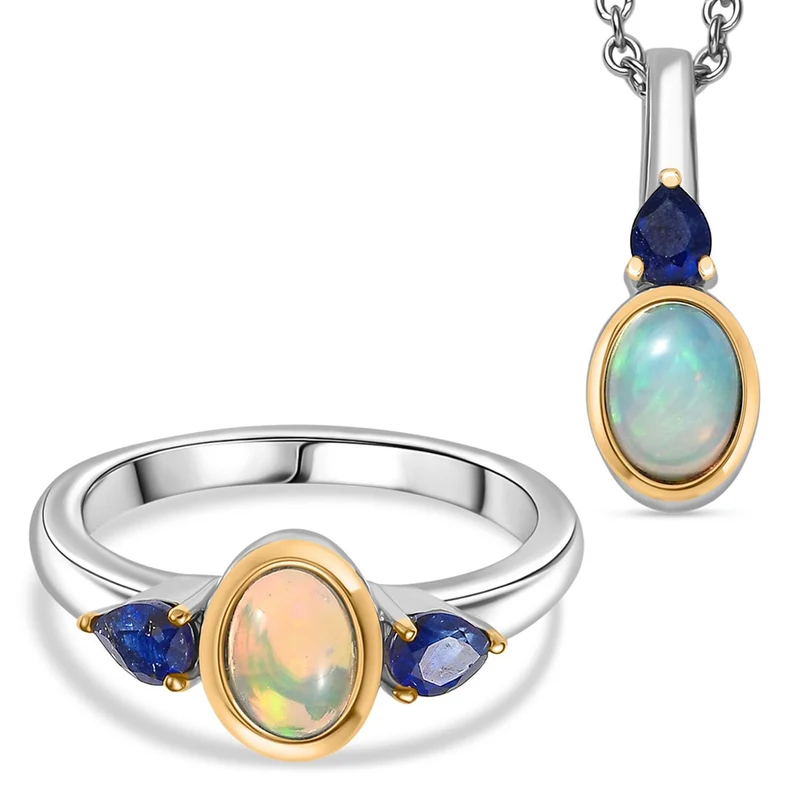 2er Set - AA Natürlicher, äthiopischer Welo Opal, Masaola Saphir (Fissure gefüllt) Anhänger mit Kette und Ring, Größe (21.00), Gelbes Messing, ca. 1.78 ct.
