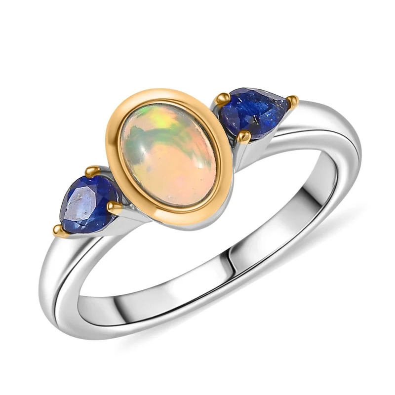 2er Set - AA Natürlicher, äthiopischer Welo Opal, Masaola Saphir (Fissure gefüllt) Anhänger mit Kette und Ring, Größe (21.00), Gelbes Messing, ca. 1.78 ct.