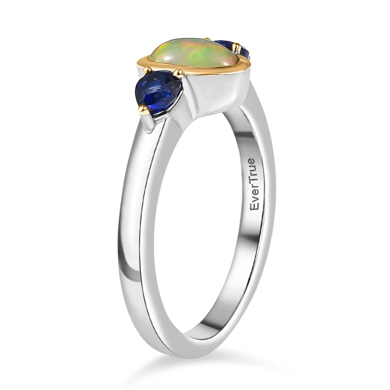 2er Set - AA Natürlicher, äthiopischer Welo Opal, Masaola Saphir (Fissure gefüllt) Anhänger mit Kette und Ring, Größe (21.00), Gelbes Messing, ca. 1.78 ct.
