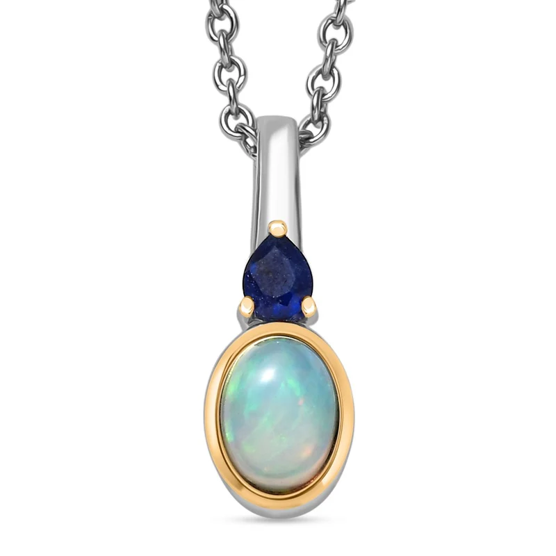 2er Set - AA Natürlicher, äthiopischer Welo Opal, Masaola Saphir (Fissure gefüllt) Anhänger mit Kette und Ring, Größe (21.00), Gelbes Messing, ca. 1.78 ct.