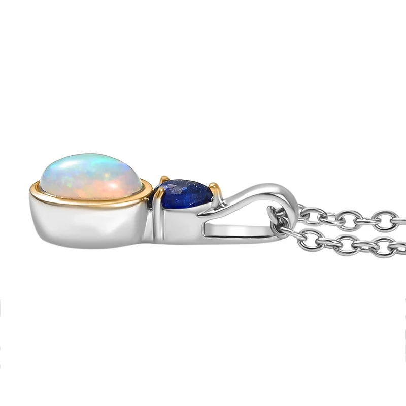 2er Set - AA Natürlicher, äthiopischer Welo Opal, Masaola Saphir (Fissure gefüllt) Anhänger mit Kette und Ring, Größe (21.00), Gelbes Messing, ca. 1.78 ct.