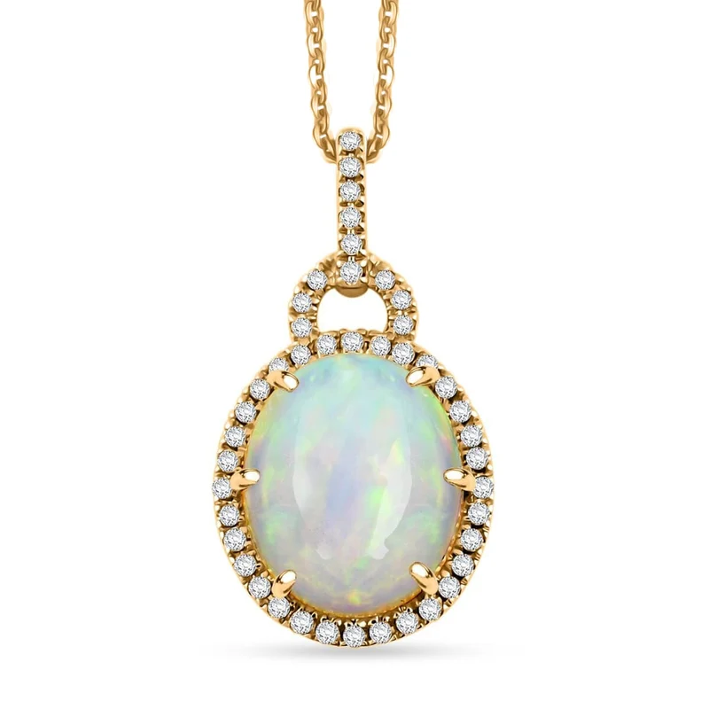 AAA Natürlicher, äthiopischer Welo Opal, Weißer Diamant AGI zertifiziert Anhänger mit Kette, 417 Gold (10-15 Werktage Lieferzeit) ca. 3.60 ct