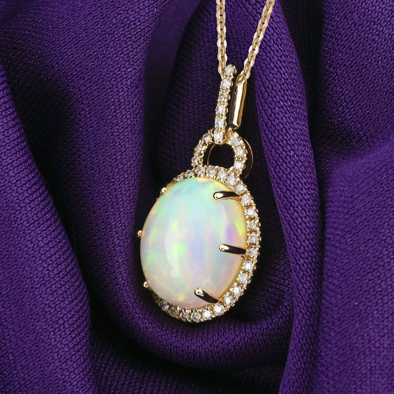 AAA Natürlicher, äthiopischer Welo Opal, Weißer Diamant AGI zertifiziert Anhänger mit Kette, 417 Gold (10-15 Werktage Lieferzeit) ca. 3.60 ct