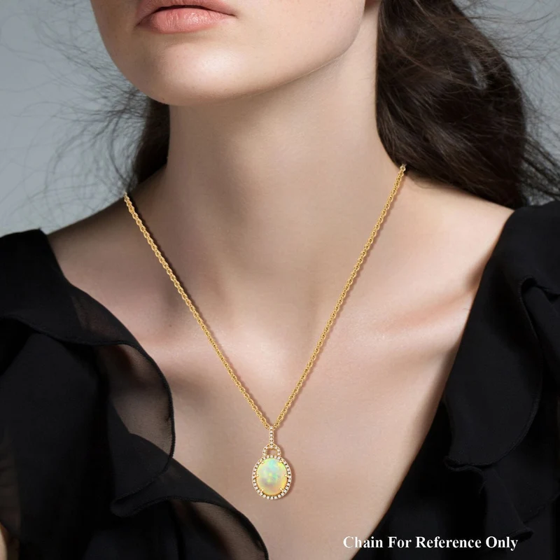 AAA Natürlicher, äthiopischer Welo Opal, Weißer Diamant AGI zertifiziert Anhänger mit Kette, 417 Gold (10-15 Werktage Lieferzeit) ca. 3.60 ct