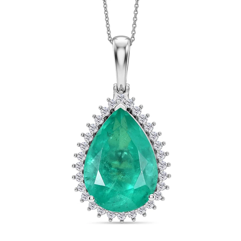 Smaragd-Quarz Triplette, Weißer Zirkon Schmuckset ca. 50 cm 925 Silber Rhodiniert ca. 21.65 ct