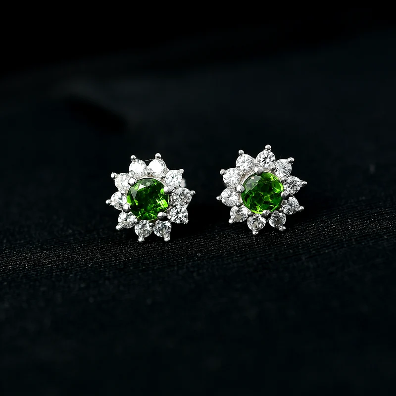 Natürlicher Chromdiopsid, Weißer Zirkon Ohrringe 925 Silber ca. 1.16 ct
