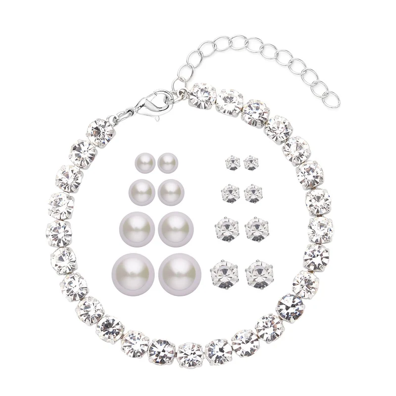 Weiße Muschelkernperle (4-10 mm), Weißer Kristall Schmuckset 316L Edelstahl, Nickelfreies Messing