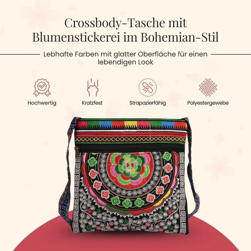 Bestickte Umhängetasche mit floralen Mustern, Boho-Stil, verstellbarer Trageriemen, 23x24cm, Lila Blüten