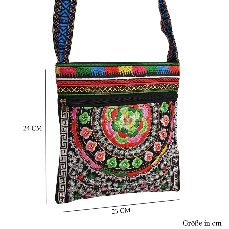 Bestickte Umhängetasche mit floralen Mustern, Boho-Stil, verstellbarer Trageriemen, 23x24cm, Lila Blüten