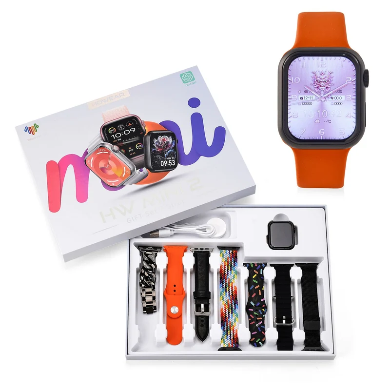 Smartwatch HW mini 2 1,75 Zoll Silber, Set mit 7 Wechselarmbändern inklusive kristallbesetztem Armband, IP67, Bluetooth 5.2, kabelloses Laden, Grau