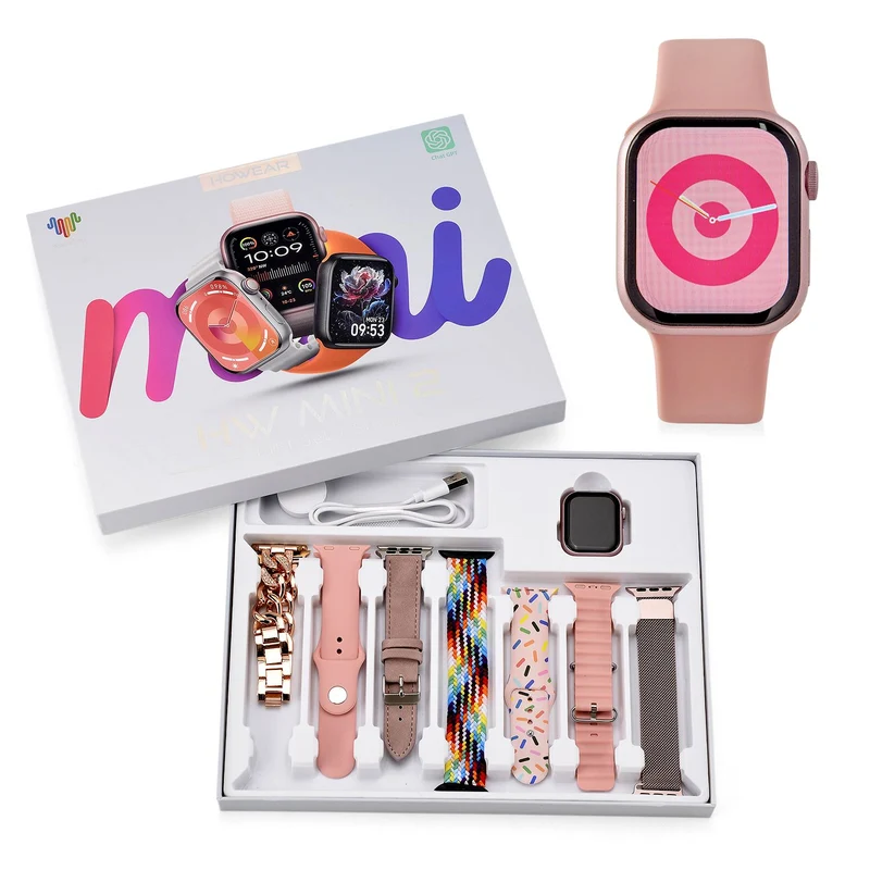 Smartwatch HW mini 2 1,75 Zoll Silber, Set mit 7 Wechselarmbändern inklusive kristallbesetztem Armband, IP67, Bluetooth 5.2, kabelloses Laden, Grau