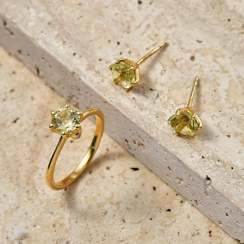 2er Set - D'Joy Ouro Verde-Quarz Ring und Ohrringe, 925 Silber 750 Vergoldet (Größe 19.00) ca. 2,37 ct.