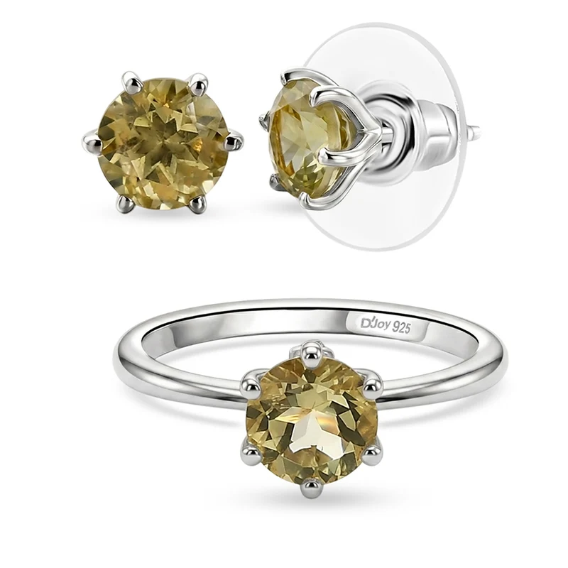 2er Set - D'Joy AAA Ouro Verde-Quarz Ring und Ohrringe, 925 Silber Platiniert (Größe 18.00) ca. 2,37 ct.