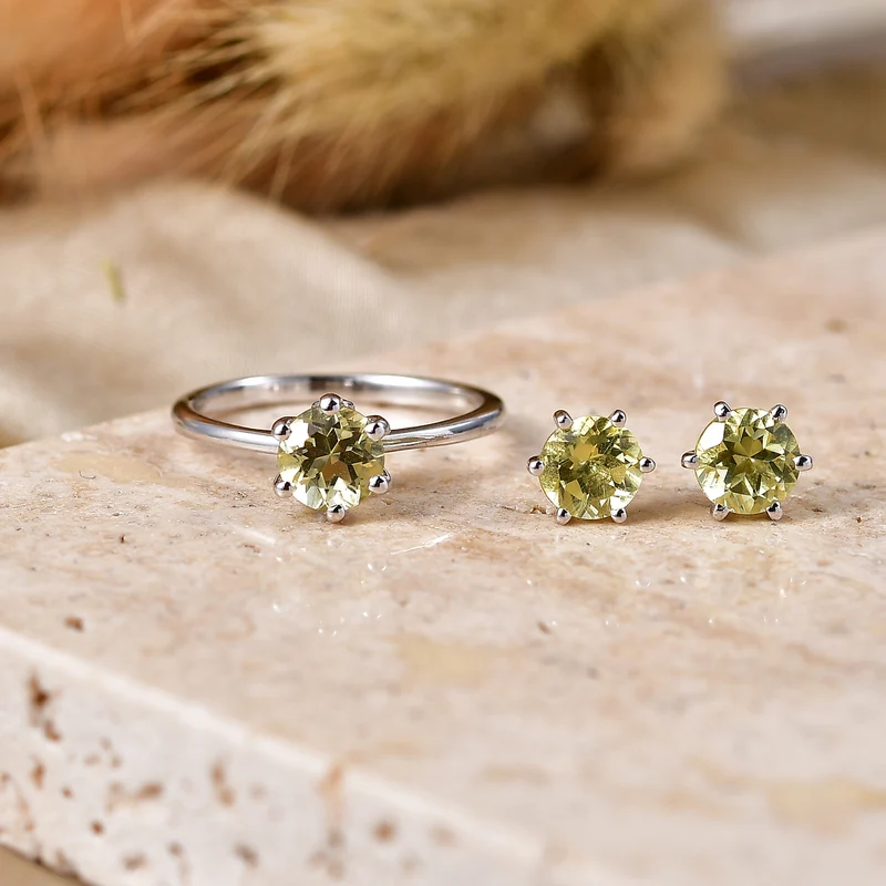 2er Set - D'Joy AAA Ouro Verde-Quarz Ring und Ohrringe, 925 Silber Platiniert (Größe 20.00) ca. 2,37 ct.