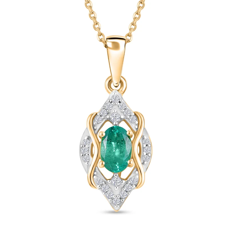 D'Joy AAA Kagem Sambischer Smaragd, Weißer Zirkon Schmuckset ca. 50 cm 925 Silber 750 Gelbgold vermeil ca. 0.63 ct