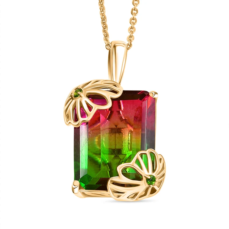 Wassermelonen Quarz Triplette, Natürlicher Chromdiopsid Anhänger mit Kette ca. 50 cm, 925 Silber 750 Gelbgold Vermeil ca. 12.73 ct