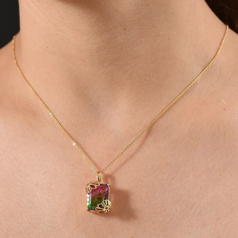 Wassermelonen Quarz Triplette, Natürlicher Chromdiopsid Anhänger mit Kette ca. 50 cm, 925 Silber 750 Gelbgold Vermeil ca. 12.73 ct