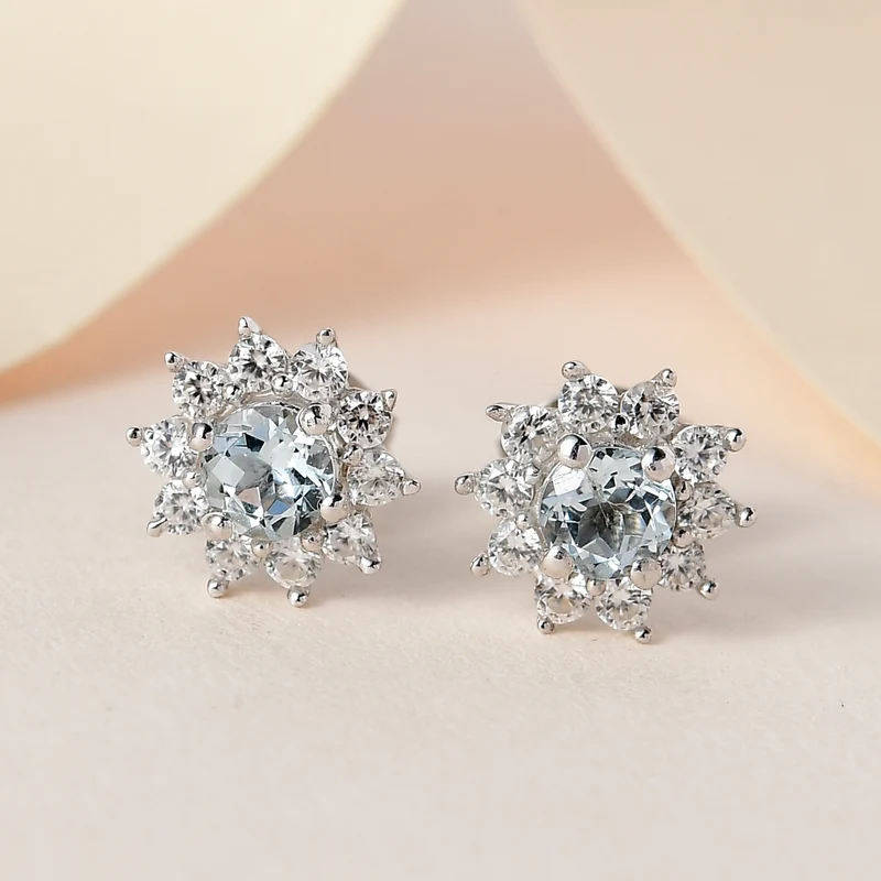 Tansanit und weiße Zirkon Ohrstecker, 925 Silber platiniert ca. 1.09 ct