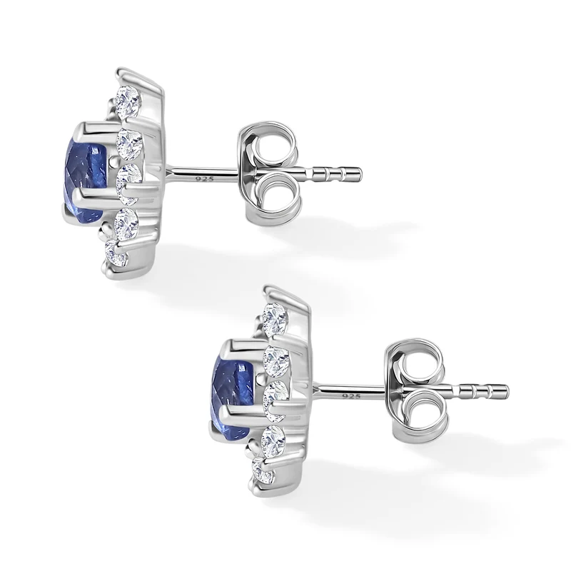 Tansanit und weiße Zirkon Ohrstecker, 925 Silber platiniert ca. 1.09 ct