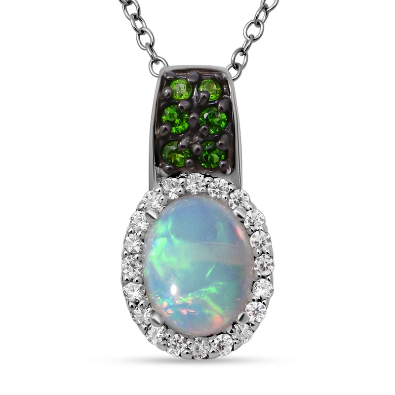 Natürlicher, äthiopischer Welo Opal und natürlicher Chromdiopsid-Anhänger mit Kette, 925 Silber platiniert ca. 1,69 ct