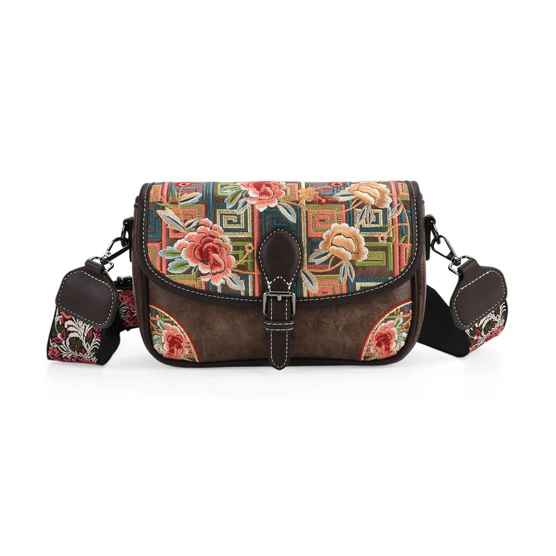 Bestickte Kunstleder Crossbody Tasche, Blumen Design, 22 x 8 x 16 cm, Schwarz