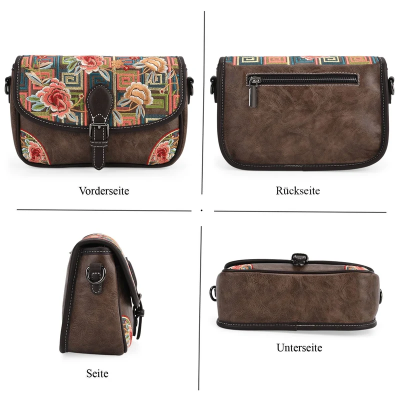 Bestickte Kunstleder Crossbody Tasche, Blumen Design, 22 x 8 x 16 cm, Schwarz