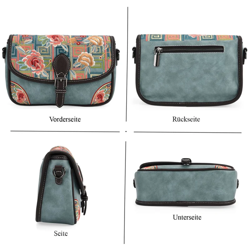 Bestickte Kunstleder Crossbody Tasche, Blumen Design, 22 x 8 x 16 cm, Schwarz