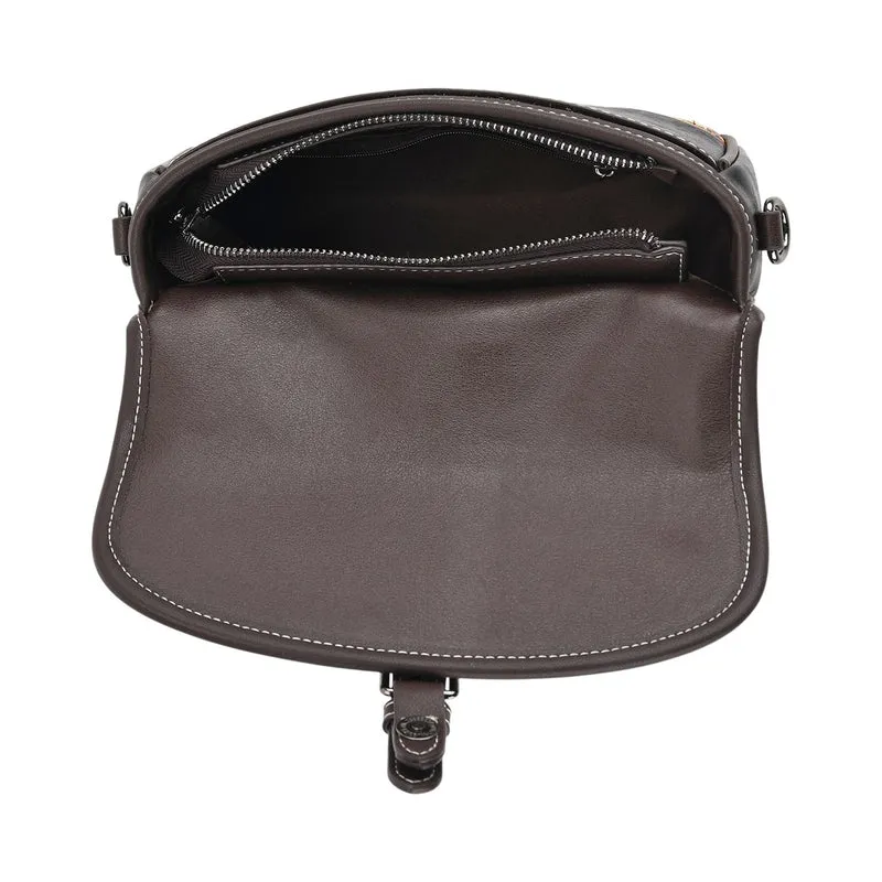 Bestickte Kunstleder Crossbody Tasche, Blumen Design, 22 x 8 x 16 cm, Schwarz