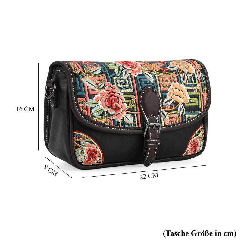 Bestickte Kunstleder Crossbody Tasche, Blumen Design, 22 x 8 x 16 cm, Schwarz