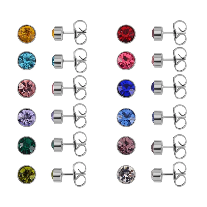 12er Set - Mehrfarbige Kristall-facetten-Ohrstecker Schmuckset, goldfarben