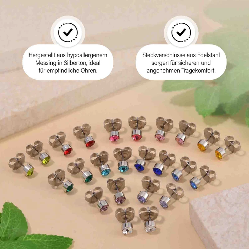 12er Set - Mehrfarbige Kristall-facetten-Ohrstecker Schmuckset, goldfarben