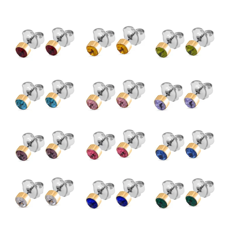 12er Set - Mehrfarbige Kristall-facetten-Ohrstecker Schmuckset, goldfarben