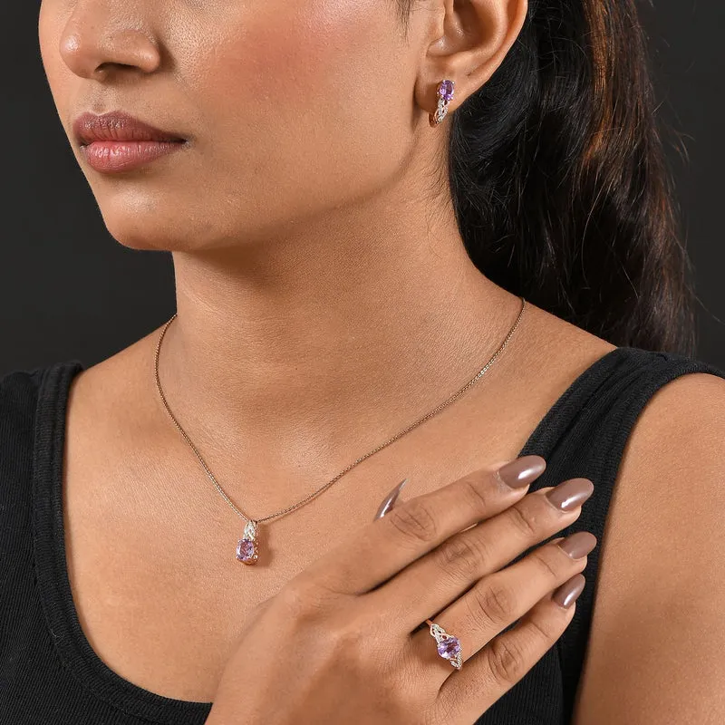 3er Set - D'Joy AA Rose De France Amethyst Ring, Ohrringe, und Anhänger, 925 Silber 750 rosévergoldet (Größe 18.00) ca. 4,74 ct.