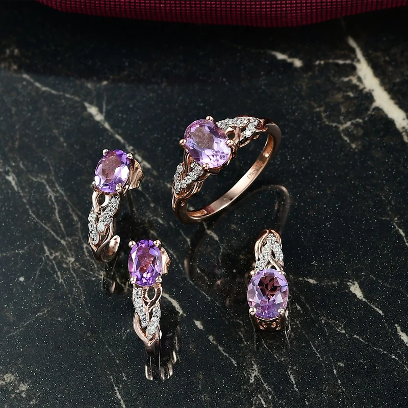 3er Set - D'Joy AA Rose De France Amethyst Ring, Ohrringe, und Anhänger, 925 Silber 750 rosévergoldet (Größe 18.00) ca. 4,74 ct.