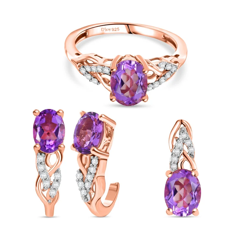 3er Set - D'Joy AA Rose De France Amethyst Ring, Ohrringe, und Anhänger, 925 Silber 750 rosévergoldet (Größe 18.00) ca. 4,74 ct.