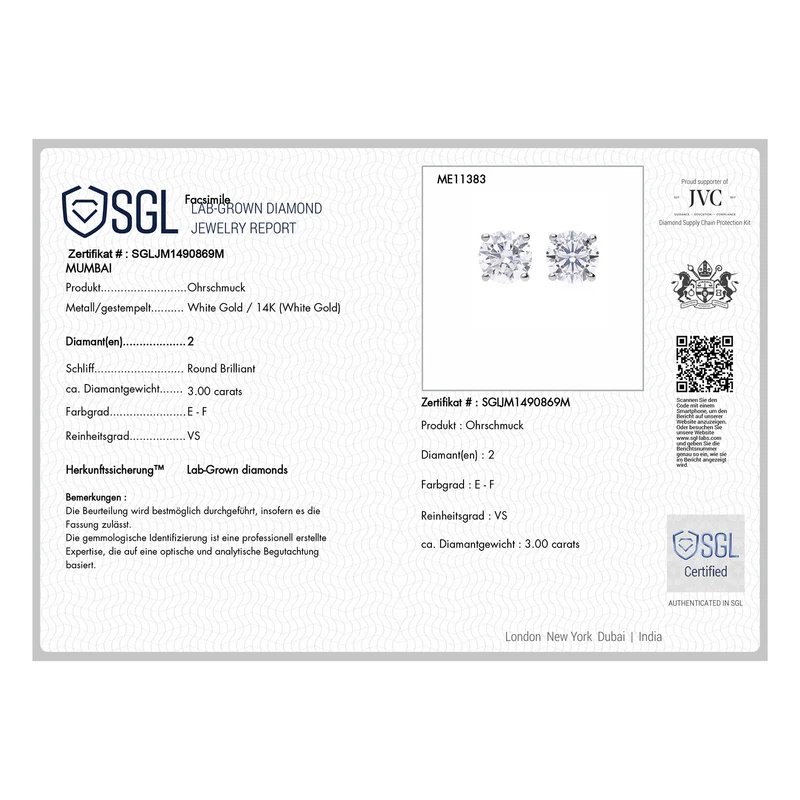LUXURIANT 3 ct. SGL zertifizierte VS-EF Labor Diamant Ohrringe in 585 Weißgold