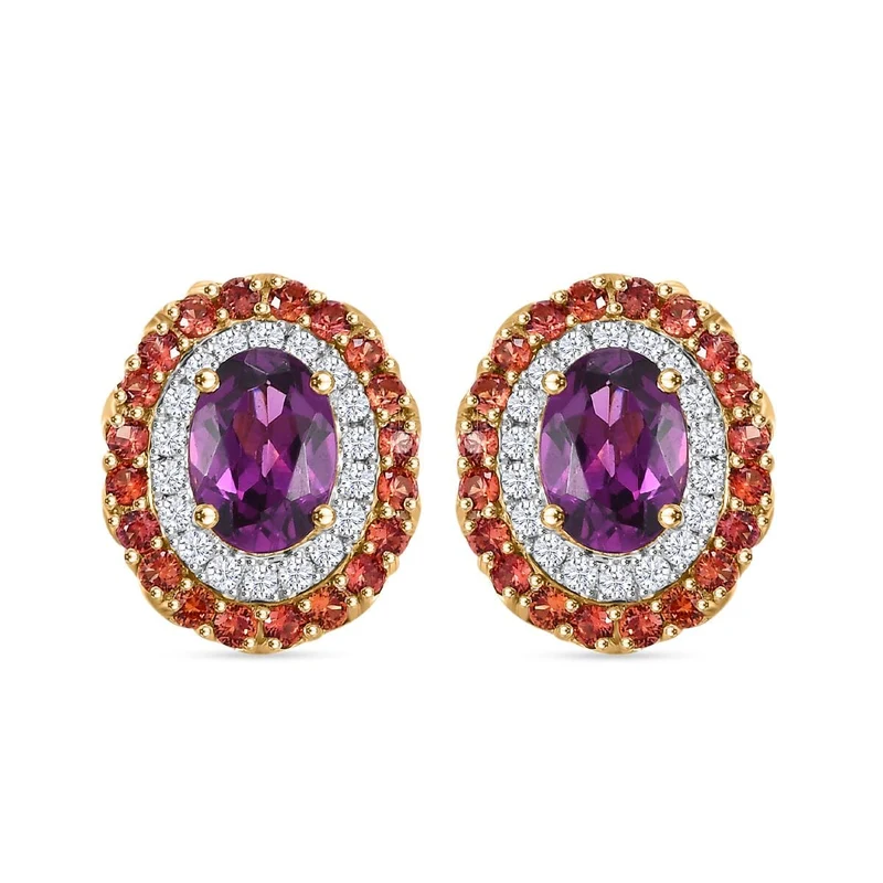 LUXORO zertifizierte und geprüfte AAA Radiant Ember Granat, Padparadscha Saphir und I2 Diamant Halo Ohrringe in 417 Gold -(10-15 Werktage Lieferzeit) 3,16 ct.