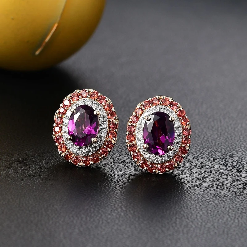 LUXORO zertifizierte und geprüfte AAA Radiant Ember Granat, Padparadscha Saphir und I2 Diamant Halo Ohrringe in 417 Gold -(10-15 Werktage Lieferzeit) 3,16 ct.