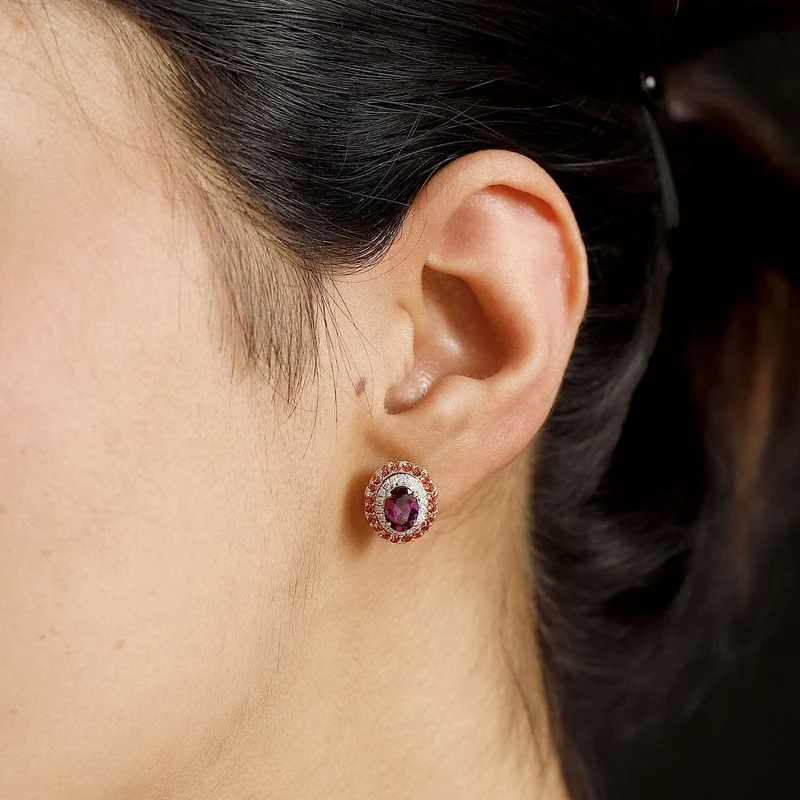LUXORO zertifizierte und geprüfte AAA Radiant Ember Granat, Padparadscha Saphir und I2 Diamant Halo Ohrringe in 417 Gold -(10-15 Werktage Lieferzeit) 3,16 ct.