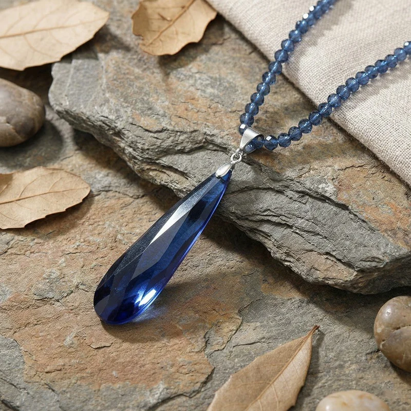Blauer Kristall Anhänger mit 60+5cm Kette, Legierung